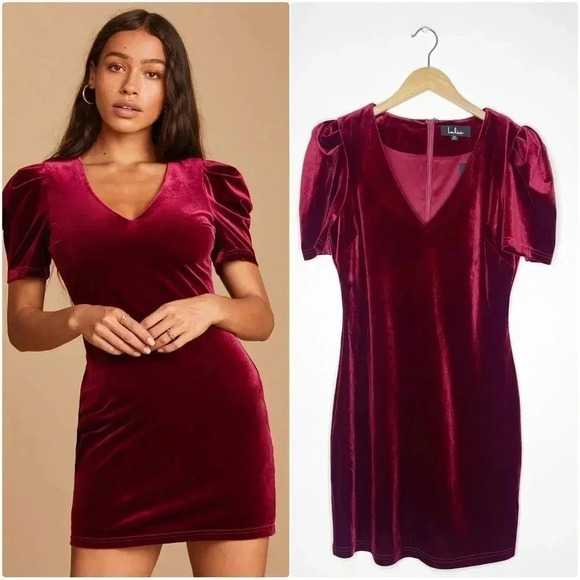 Lulus Wine Red Velvet Puff Sleeve Bodycon Mini Dress Size Medium NWT - Picture 1 of 7